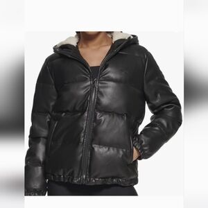 Levi's Women M Light Gray Faux LEATHER Hooded Puffer Jacket